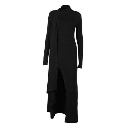 Long sleeve slit high neck solid maxi dress