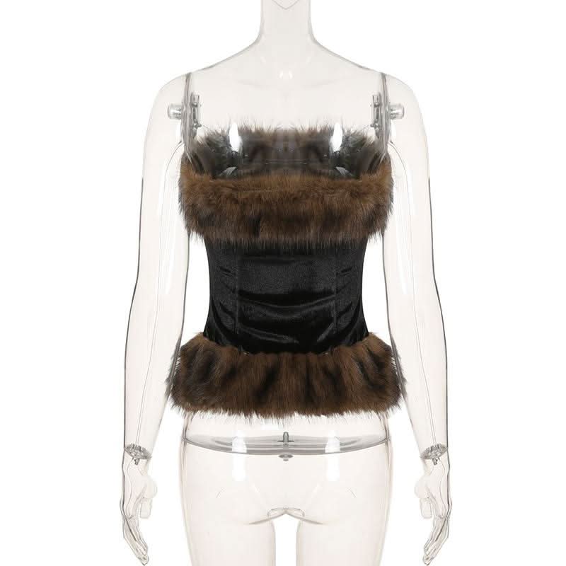 Fluffy velvet patchwork tube top