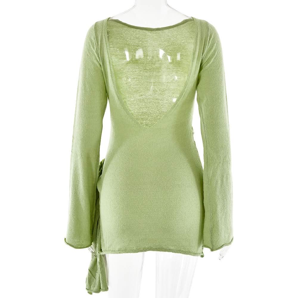 Long sleeve flower applique ruched backless mini dress
