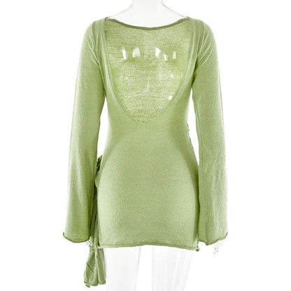 Long sleeve flower applique ruched backless mini dress