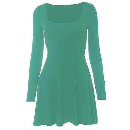 Square Neck Long Sleeve Lace Up Flared Skater Mini Dress