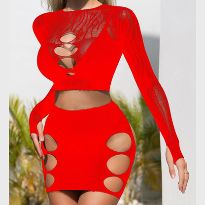 Long sleeve zebra sheer mesh mini skirt set