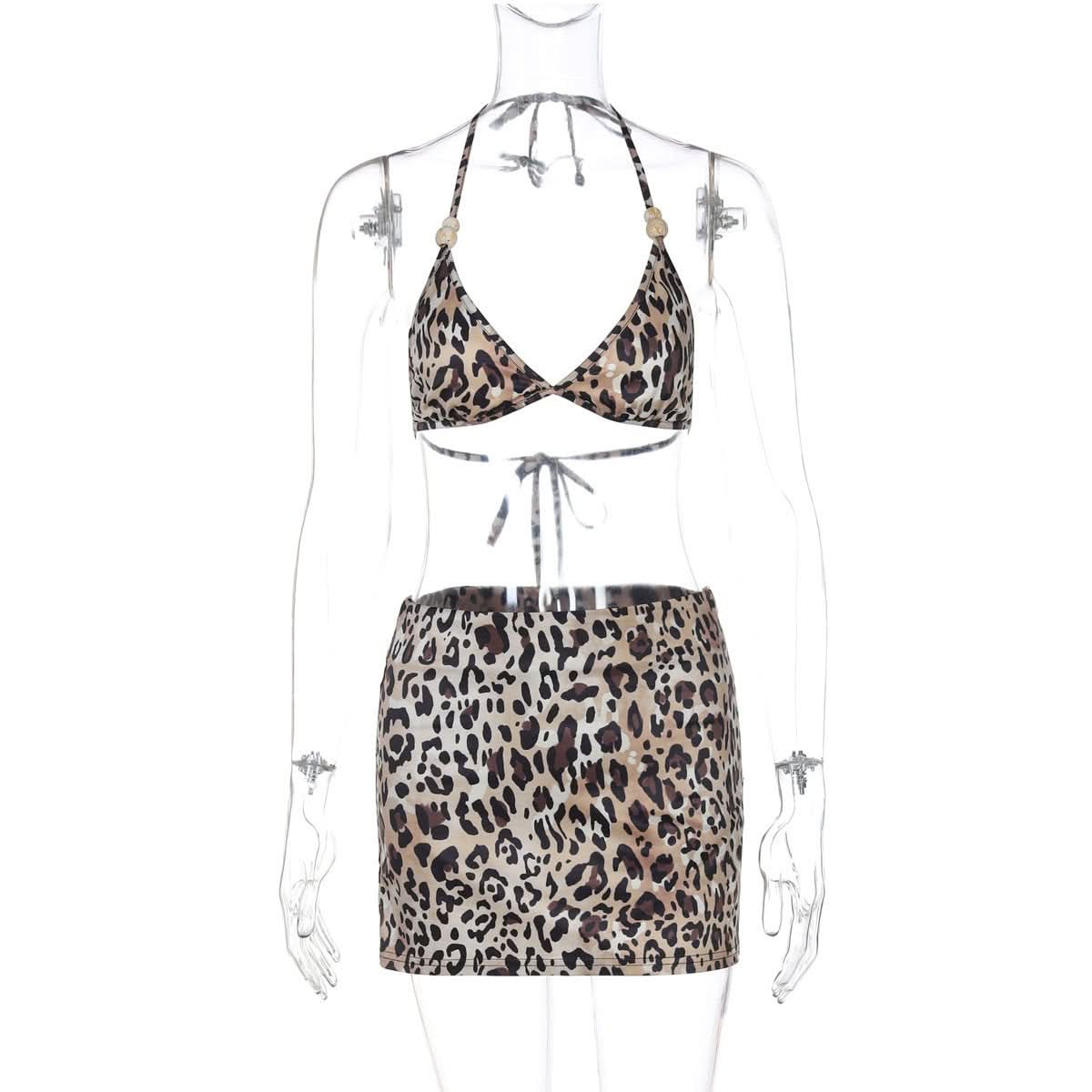 Halter self tie leopard print v neck mini skirt set