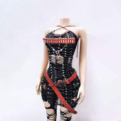 Halter hollow out metal chain cut out mini dress