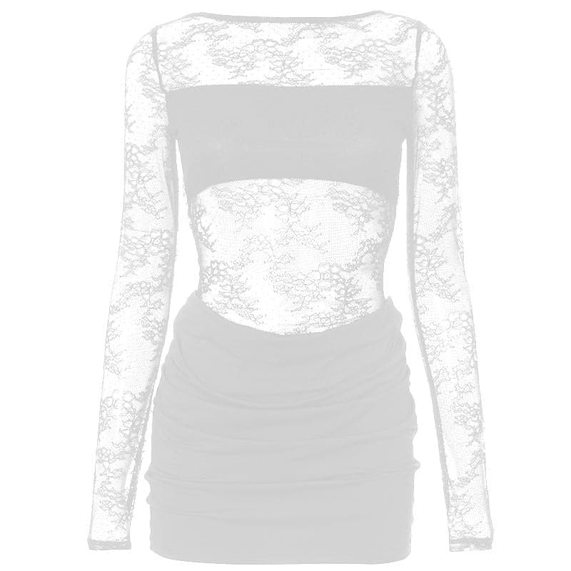 Long sleeve lace crewneck patchwork ruched mini dress