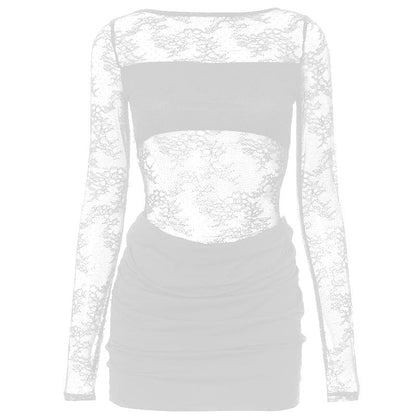Long sleeve lace crewneck patchwork ruched mini dress