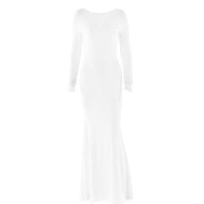 Long sleeve round neck ruched backless maxi dress