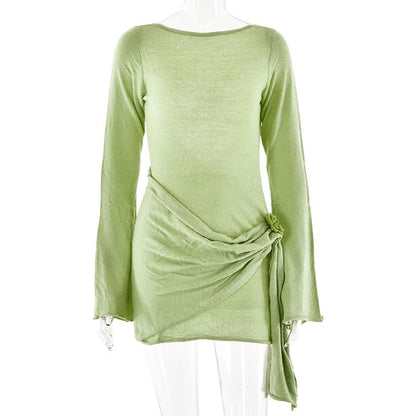 Long sleeve flower applique ruched backless mini dress