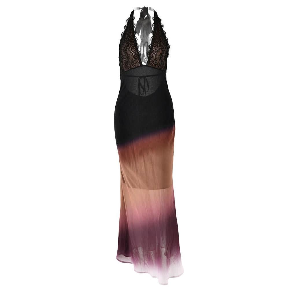 Halter self tie deep V neck gradient lace maxi dress