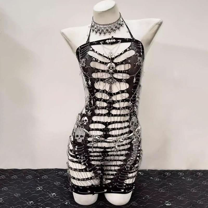 Hollow out metal chain skull applique see through cut out top