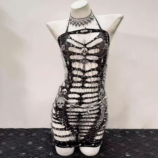 Hollow out metal chain skull applique see through cut out top