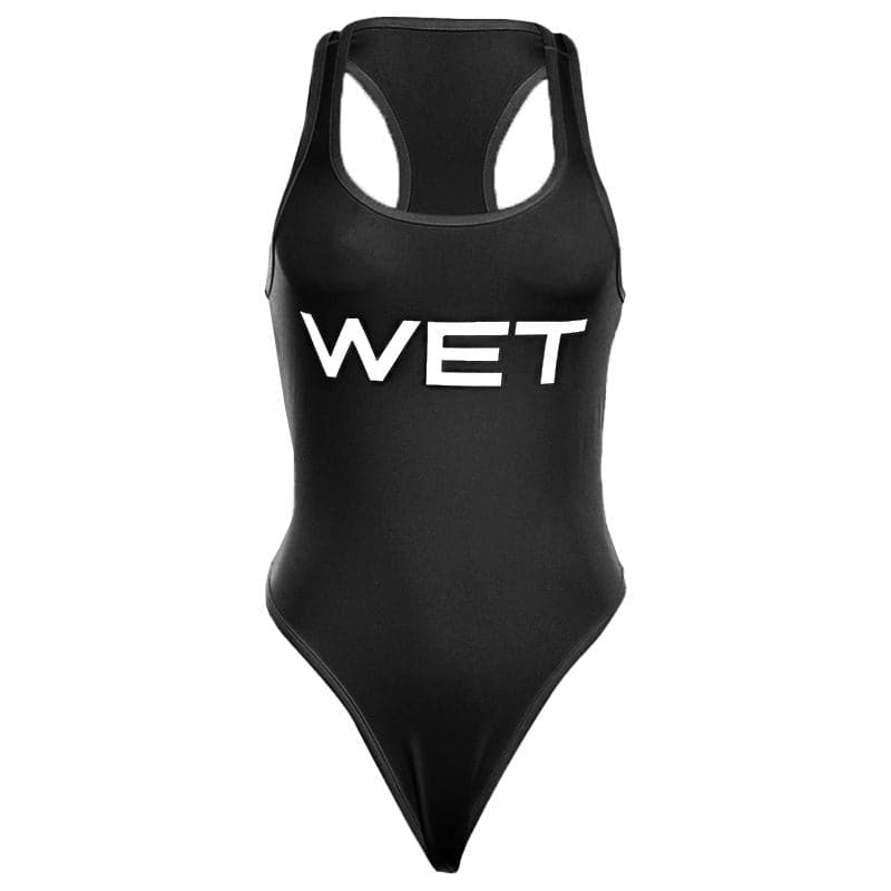 U neck “WET” pattern sleeveless contrast tank bodysuit