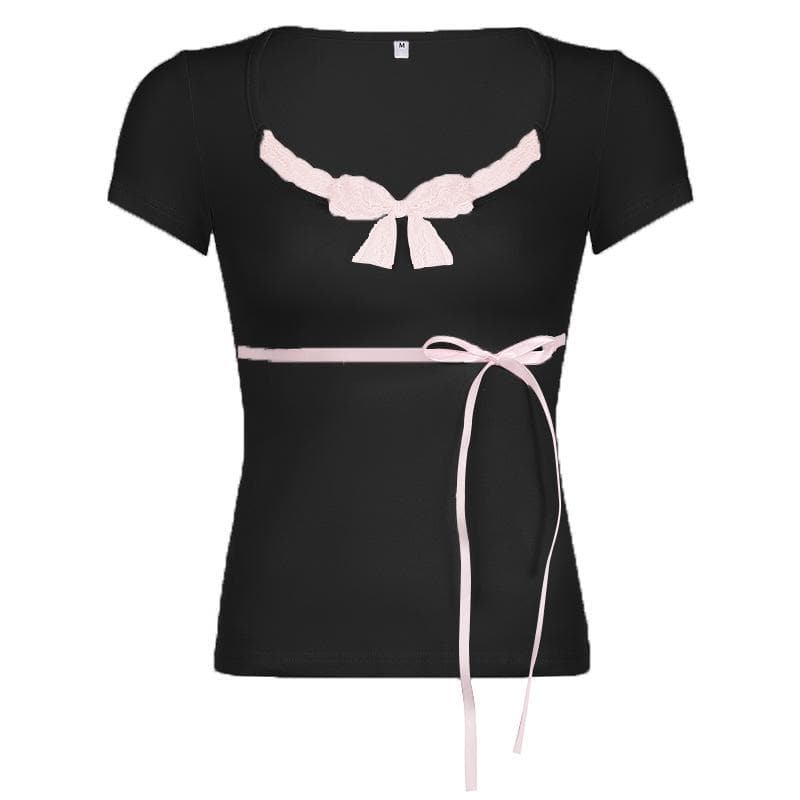Short sleeve u neck bowknot lace hem top
