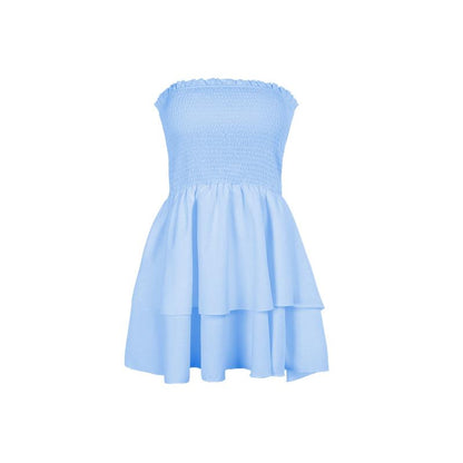 Smocked backless ruched ruffle tube mini dress
