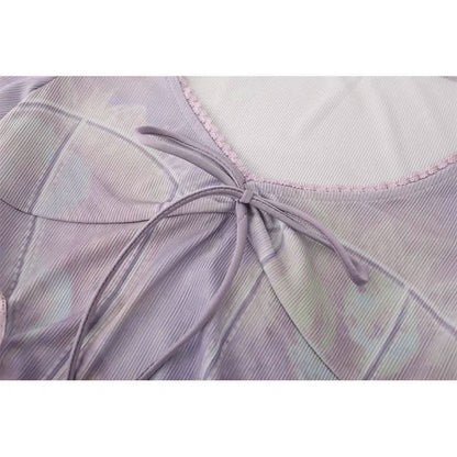 V neck long sleeve lace hem mesh patchwork bowknot top