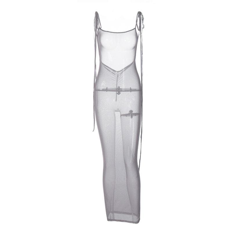 Sheer Mesh Tie Shoulder Halter Backless Bodycon Maxi Dress