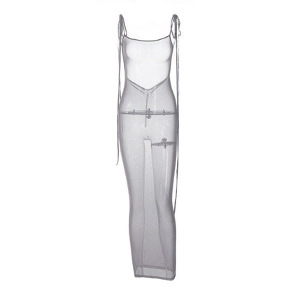 Sheer Mesh Tie Shoulder Halter Backless Bodycon Maxi Dress
