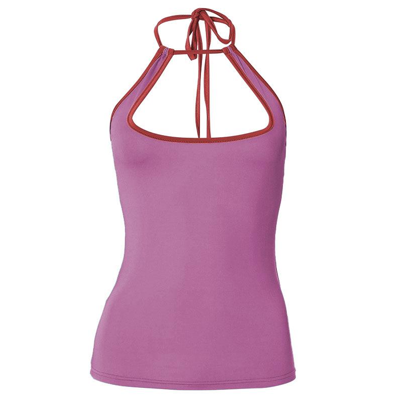Halter contrast hollow out self tie backless cut out top