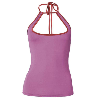 Halter contrast hollow out self tie backless cut out top
