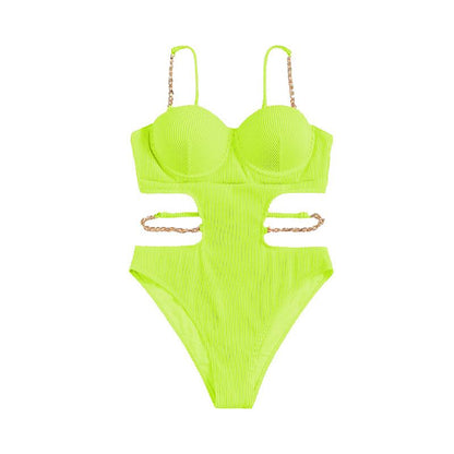Metal chain button padded solid self tie one piece swimwear