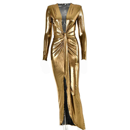 Ruched Metallic Long Sleeve V Neck Knotted Front Maxi Dress