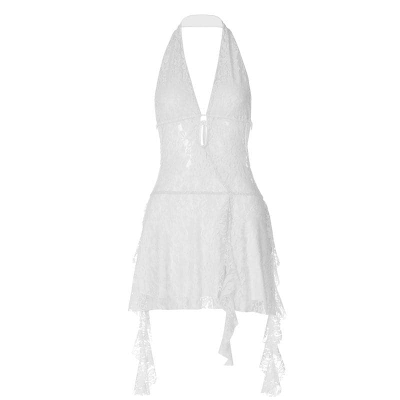 Deep V Halter Lace Up Sheer Ruffle Hem Mini Dress