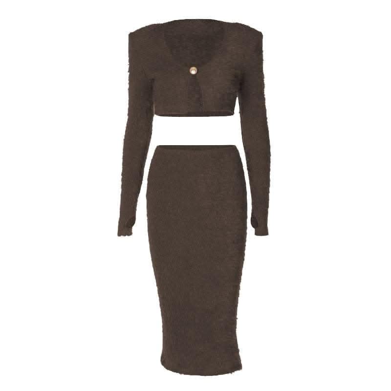 Textured button long sleeve gloves midi skirt set-final-sale