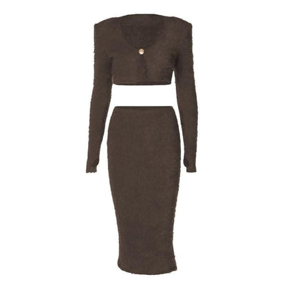 Textured button long sleeve gloves midi skirt set-final-sale