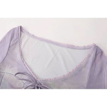 V neck long sleeve lace hem mesh patchwork bowknot top