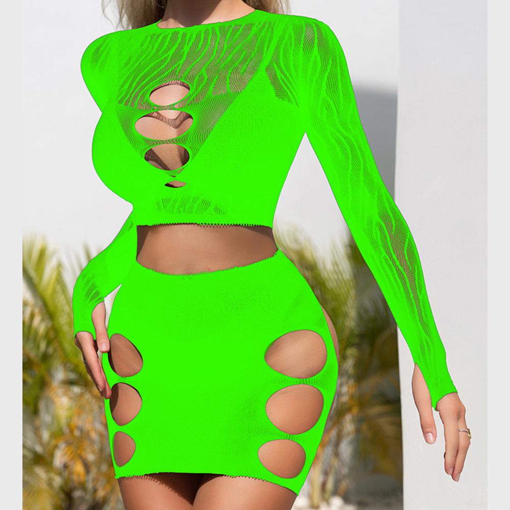 Long sleeve zebra sheer mesh mini skirt set