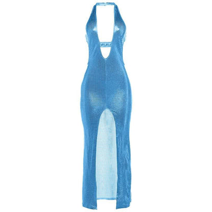 Halter deep V neck slit plaid hollow out cut out maxi dress