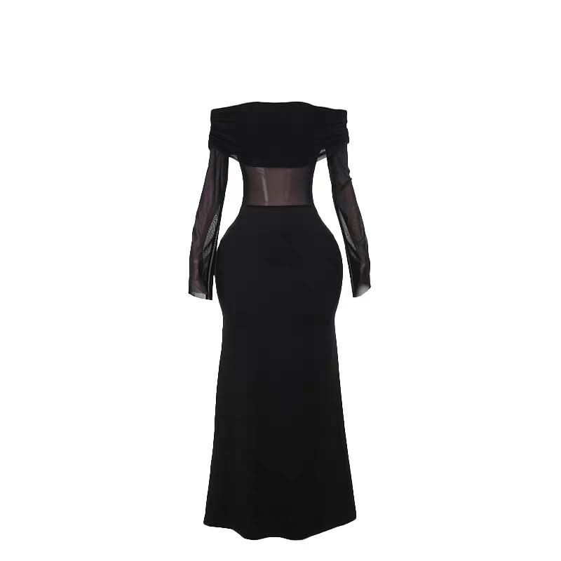 Off shoulder long sleeve mesh ruched maxi dress