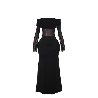 Off shoulder long sleeve mesh ruched maxi dress