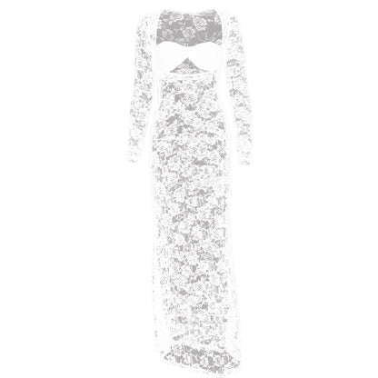 Long sleeve lace see through sweetheart neck maxi dress