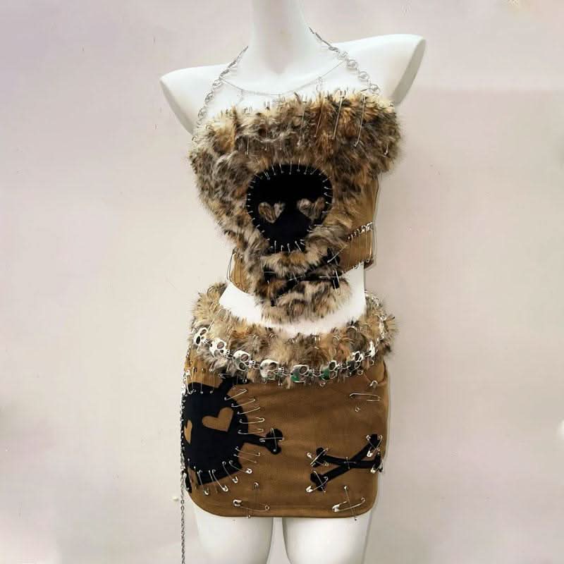 Long sleeve zip-up fluffy skull pattern mini skirt set