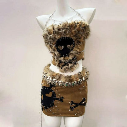 Long sleeve zip-up fluffy skull pattern mini skirt set