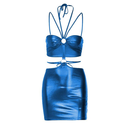 Metallic o ring halter self tie backless hollow out cut out mini dress
