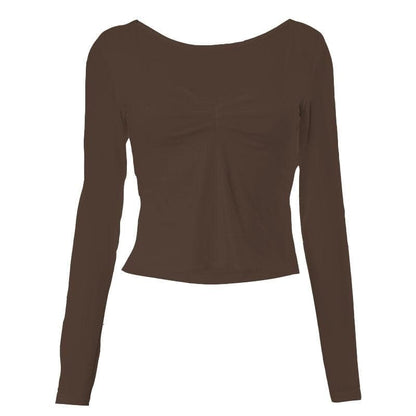 Square neck ruched long sleeve slit solid top