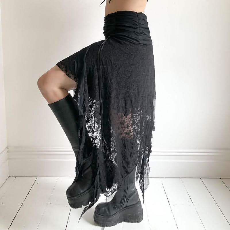 Irregular bowknot ribbon ruched lace solid midi skirt