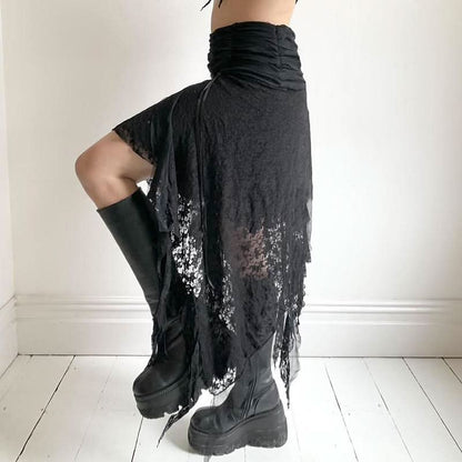 Irregular bowknot ribbon ruched lace solid midi skirt