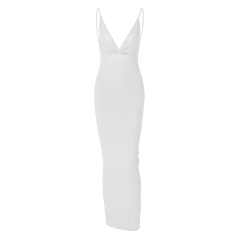 Solid v neck ruched backless cami maxi dress-final-sale