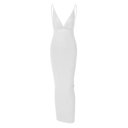 Solid v neck ruched backless cami maxi dress-final-sale