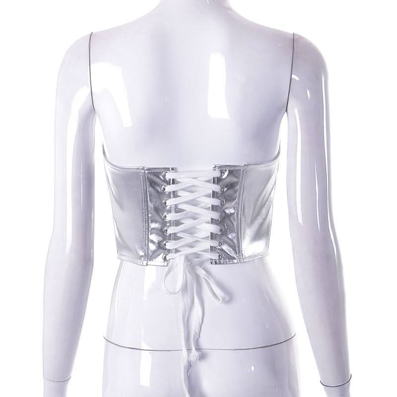 Metallic lace up corset backless tube top