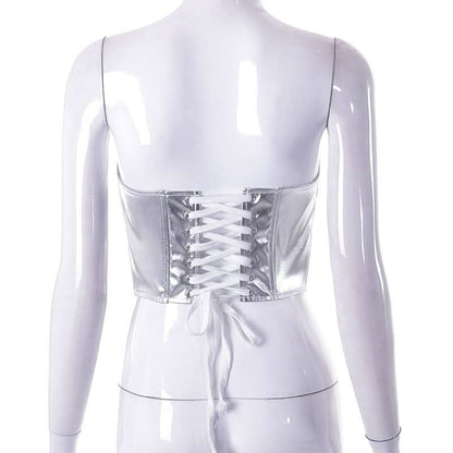 Metallic lace up corset backless tube top