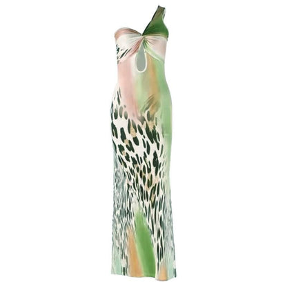 One shoulder leopard print ruched hollow out cut out midi dress