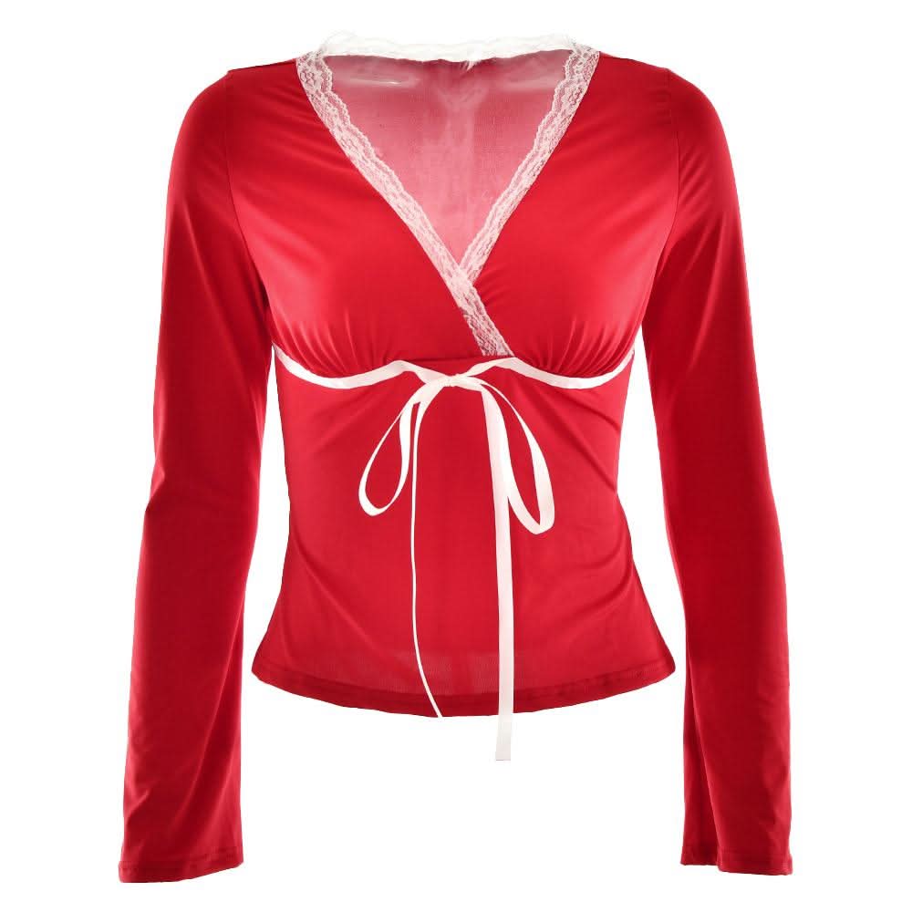 Lace hem long sleeve v neck ribbon ruched top