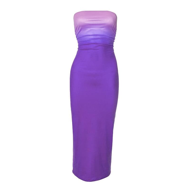 Ruched gradient backless tube maxi dress