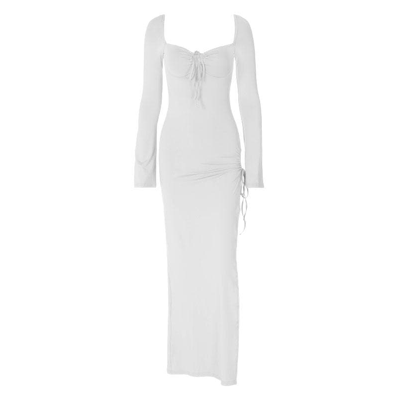 Long sleeve slit self tie drawstring backless solid maxi dress