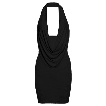 Halter cowl neck beaded low cut mini dress-final-sale