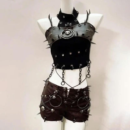 Halter PU leather o ring rivet skull short pant set